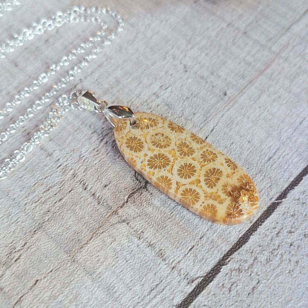 Yellow Coral Necklace Natural Fossil Pendant Oval - Picture 3 of 5